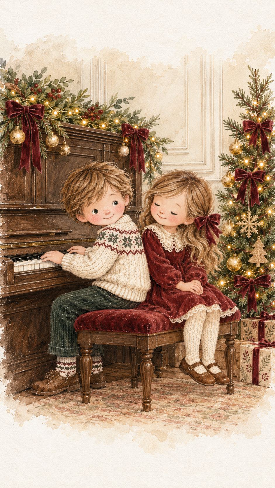Duas crianças sentadas ao piano, junto a uma árvore de Natal com luzes e laços bordô.